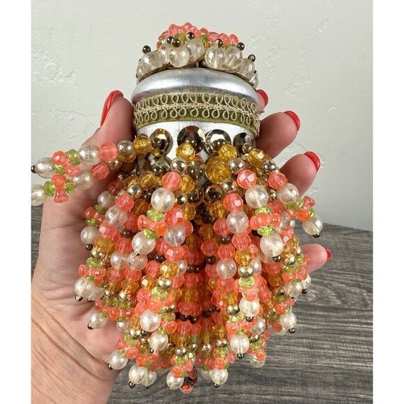 Vintage Handmade Beaded Chandelier Tea Ball Christmas Ornament Orange Peach - Picture 5 of 7
